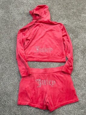 Juicy Couture Velour Tracksuit Set Rhinestone zip Hoodie shorts Medium pink READ